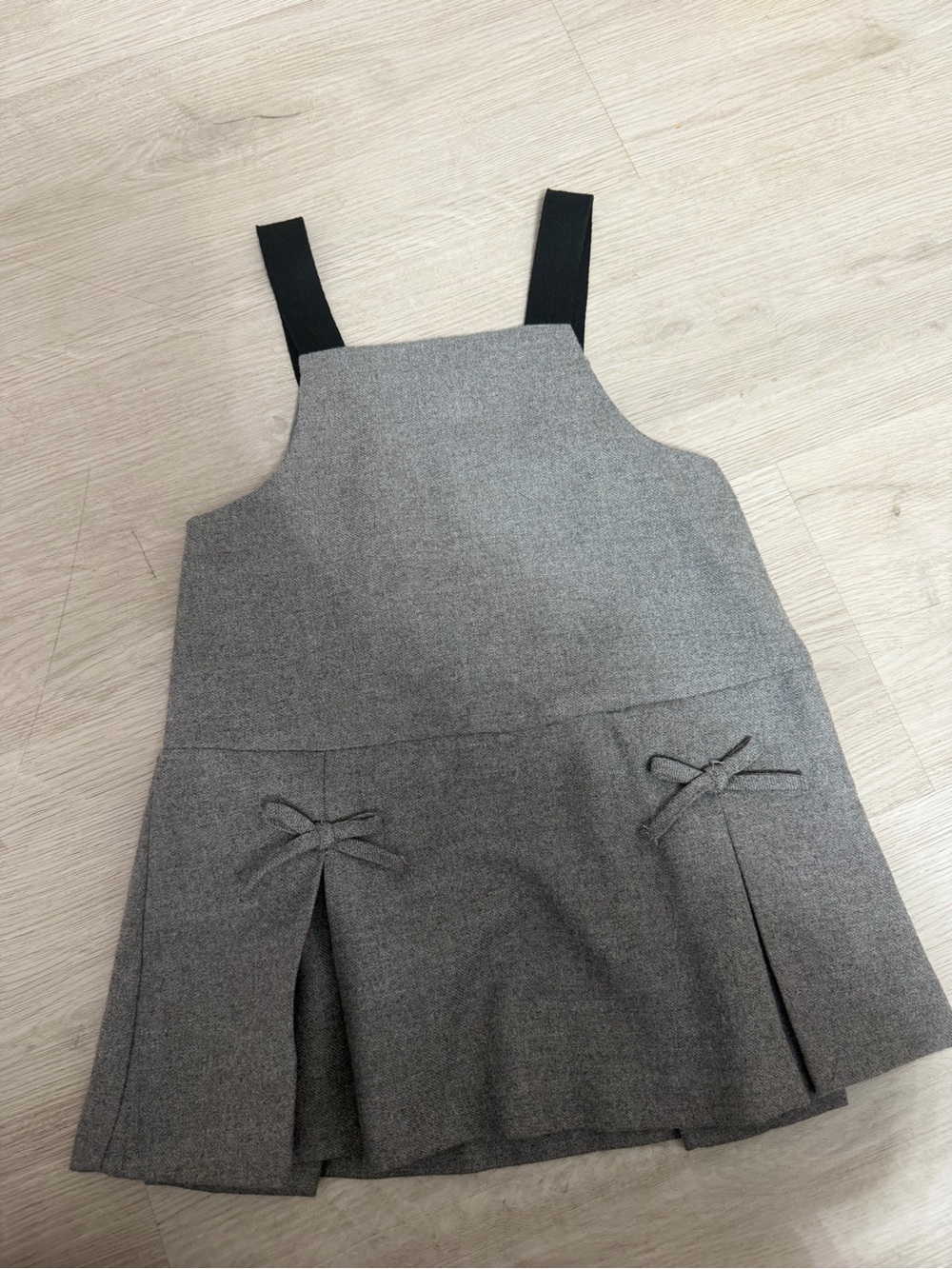 Zara Gray Pinafore Dress with Black Straps and Bow Accents